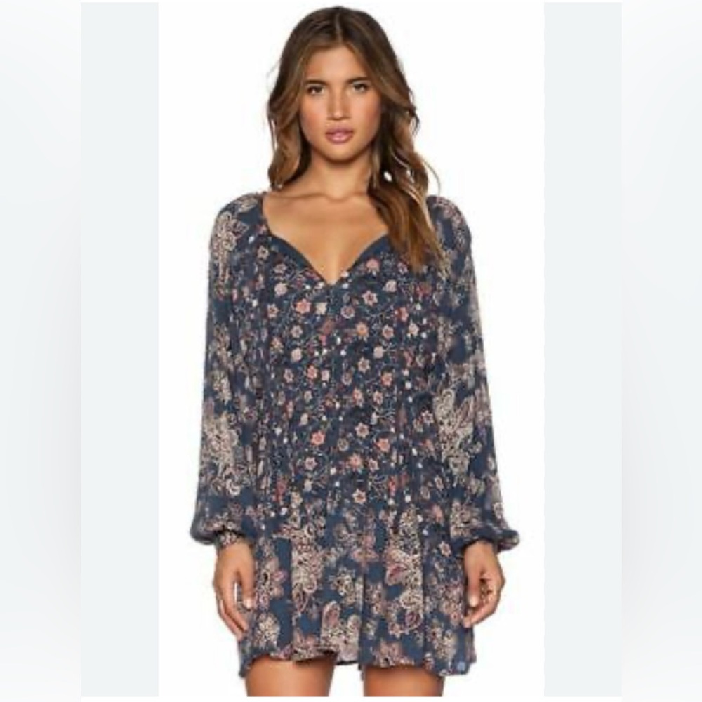 Free People Lucky Loosey Mini Dress, size S Color Navy/Tan/Brown